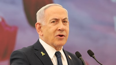 Israeli Prime Minister Benjamin Netanyahu speaks during the annual ceremony at the eve of Israel’s Remembrance Day for fallen soldiers (Yom HaZikaron) at the Yad LaBanim Memorial in Jerusalem, 29 April 2025 . (Reuters)