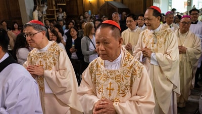 Filipino Cardinals Luis Antonio Tagle, Jose Advincula, and Pablo Virgilio David attend Sunday Mass at the Pontificio Collegio Filippino ahead of the Conclave and the election of the new pope, which will start on May 7, in Rome, Italy, May 4, 2025. REUTERS/Eloisa Lopez (REUTERS)