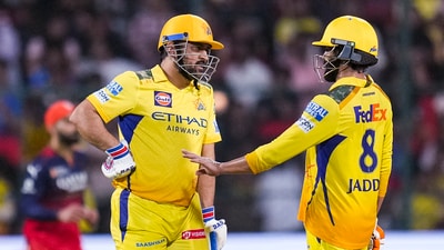 Chennai Super Kings' MS Dhoni and Ravindra Jadeja during IPL 2025 match against Royal Challengers Bengaluru at M Chinnaswamy Stadium (PTI) Chennai Super Kings' MS Dhoni and Ravindra Jadeja during IPL 2025 match against Royal Challengers Bengaluru at M Chinnaswamy Stadium (PTI)