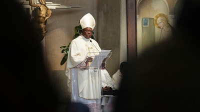 Cardinal Fridolin Ambongo Besungu celebrates Mass at his titular church, San Gabriele Arcangelo all'Acqua Traversa three days before the conclave to elect the 267th pope of the Roman Catholic Church, in Rome, Sunday, May 4, 2025. (AP Photo/Andrew Medichini) (AP) Cardinal Fridolin Ambongo Besungu celebrates Mass at his titular church, San Gabriele Arcangelo all'Acqua Traversa three days before the conclave to elect the 267th pope of the Roman Catholic Church, in Rome, Sunday, May 4, 2025. (AP Photo/Andrew Medichini) (AP)