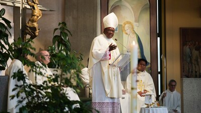 Cardinal Fridolin Ambongo Besungu celebrates Mass at his titular church, San Gabriele Arcangelo all'Acqua Traversa three days before the conclave to elect the 267th pope of the Roman Catholic Church, in Rome, Sunday, May 4, 2025. (AP Photo/Andrew Medichini) (AP) Cardinal Fridolin Ambongo Besungu celebrates Mass at his titular church, San Gabriele Arcangelo all'Acqua Traversa three days before the conclave to elect the 267th pope of the Roman Catholic Church, in Rome, Sunday, May 4, 2025. (AP Photo/Andrew Medichini) (AP)
