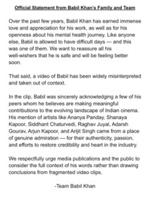 Babil Khan's team issues statement Babil Khan's team issues statement
