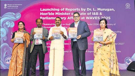 **EDS: THIRD PARTY** In this image posted by @PIB_India via X on May 4, 2025, Union Minister of State L Murugan during the launch of Knowledge Reports on Media and Entertainment Sector at the WAVES 2025, in Mumbai. (@PIB_India via PTI Photo) (PTI05_04_2025_000256B) (PTI)