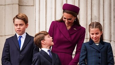 Britain's Prince George of Wales, Britain's Prince Louis of Wales, Britain's Catherine, Princess of Wales and Britain's Princess Charlotte of Wales watch the Red Arrows flypast from Buckingham Palace balcony after attending the armed forces procession on May 5, 2025. (Photo by Aaron Chown / POOL / AFP) (AFP) Britain's Prince George of Wales, Britain's Prince Louis of Wales, Britain's Catherine, Princess of Wales and Britain's Princess Charlotte of Wales watch the Red Arrows flypast from Buckingham Palace balcony after attending the armed forces procession on May 5, 2025. (Photo by Aaron Chown / POOL / AFP) (AFP)