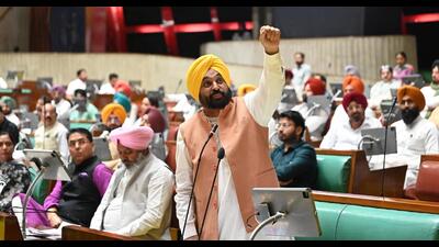 Chief minister Bhagwant Mann addressing the House during the one-day  Vidhan Sabha session in Chandigarh on Monday.  (Ravi Kumar/HT)
