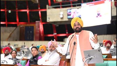 Chief minister Bhagwant Mann speaking during the one-day special session at the Punjab Vidhan Sabha in Chandigarh on Monday. (Ravi Kumar/HT) Chief minister Bhagwant Mann speaking during the one-day special session at the Punjab Vidhan Sabha in Chandigarh on Monday. (Ravi Kumar/HT)