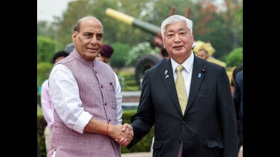 Defence minister Rajnath Singh with his Japanese counterpart General Nakatani in New Delhi on Monday. (ANI Photo) Defence minister Rajnath Singh with his Japanese counterpart General Nakatani in New Delhi on Monday. (ANI Photo)