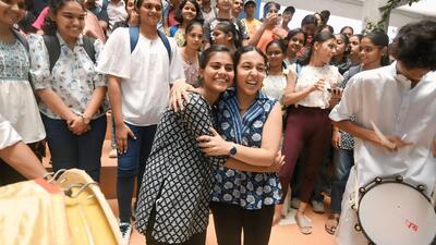 Fergusson College students celebrate the success of their HSC Class 12 exam toppers Maya Dilip Mane (Arts) and (right) Ananya Sanjay Singh (Science) at the college campus in Pune on Monday. HSC pass percentage of 91.32 for Pune division is lower than the 2024 figure of 94.44 by 3.12 per cent. (MAHENDRA KOLHE/HT) Fergusson College students celebrate the success of their HSC Class 12 exam toppers Maya Dilip Mane (Arts) and (right) Ananya Sanjay Singh (Science) at the college campus in Pune on Monday. HSC pass percentage of 91.32 for Pune division is lower than the 2024 figure of 94.44 by 3.12 per cent. (MAHENDRA KOLHE/HT)