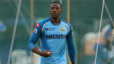 Gujarat Titans' South Africa fast bowler Kagiso Rabada at a practice session ahead of Tuesday’s IPL match against Mumbai Indians at the Wankhede Stadium. (PTI)