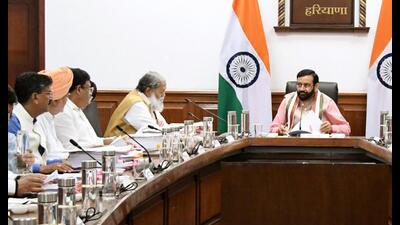 Haryana chief minister Nayab Saini chairs a cabinet meeting in Chandigarh on Monday. (ANI) Haryana chief minister Nayab Saini chairs a cabinet meeting in Chandigarh on Monday. (ANI)
