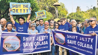 Mumbai, India - May 3, 2025:Residents of Colaba held silent protest march against the proposed jetty between Radio Club and Gateway Of India, at Dr Babasaheb Ambedkar Statue, Churchgate in Mumbai, India, on Saturday, May 3, 2025. (Photo by Anshuman Poyrekar/ Hindustan Times) (Hindustan Times) Mumbai, India - May 3, 2025:Residents of Colaba held silent protest march against the proposed jetty between Radio Club and Gateway Of India, at Dr Babasaheb Ambedkar Statue, Churchgate in Mumbai, India, on Saturday, May 3, 2025. (Photo by Anshuman Poyrekar/ Hindustan Times) (Hindustan Times)
