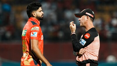 Shreyas Iyer in conversation with PBKS coach Ricky Ponting. PBKS beat LSG by 37 runs in Dharamsala. (PTI) Shreyas Iyer in conversation with PBKS coach Ricky Ponting. PBKS beat LSG by 37 runs in Dharamsala. (PTI)