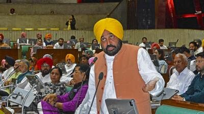 Punjab chief minister Bhagwant Mann addresses the House during a special assembly session on the water dispute with Haryana, in Chandigarh on Monday.   (PTI)