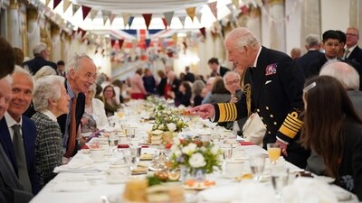 Britain's King Charles III (R) speaks with Second World War veteran during a tea party at Buckingham Palace on May 5, 2025 to celebrate the 80th anniversary of VE Day also known as Victory in Europe Day. (AFP) Britain's King Charles III (R) speaks with Second World War veteran during a tea party at Buckingham Palace on May 5, 2025 to celebrate the 80th anniversary of VE Day also known as Victory in Europe Day. (AFP)