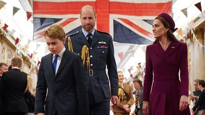 (From L) Britain's Prince George of Wales, Britain's Prince William, Prince of Wales and Britain's Catherine, Princess of Wales arrive for a tea party organised for Second World War veterans at Buckingham Palace on May 5, 2025. (AFP) (From L) Britain's Prince George of Wales, Britain's Prince William, Prince of Wales and Britain's Catherine, Princess of Wales arrive for a tea party organised for Second World War veterans at Buckingham Palace on May 5, 2025. (AFP)
