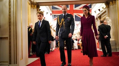 (From L) Britain's Prince George of Wales, Britain's Prince William, Prince of Wales and Britain's Catherine, Princess of Wales arrive for a tea party organised for Second World War veterans at Buckingham Palace on May 5, 2025 to celebrate the 80th anniversary of VE Day. (AFP) (From L) Britain's Prince George of Wales, Britain's Prince William, Prince of Wales and Britain's Catherine, Princess of Wales arrive for a tea party organised for Second World War veterans at Buckingham Palace on May 5, 2025 to celebrate the 80th anniversary of VE Day. (AFP)