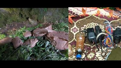 The five IEDs wrapped in brown adhesive tape (left) and other items, including wireless sets, recovered from the terror hideout in the Marhote forest area near Surankote in Poonch district late on Sunday evening. (HT Photo)