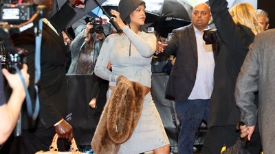 Rihanna arrives at the Carlyle Hotel before attending the Met Gala. (REUTERS)