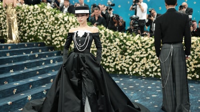 Jennie Kim poses during the Met Gala. (REUTERS)