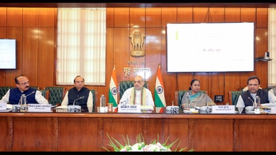 Union home minister Amit Shah on Monday chaired a meeting along with LG VK Saxena and CM Rekha Gupta to review the implementation of three new criminal laws in Delhi. (ANI)