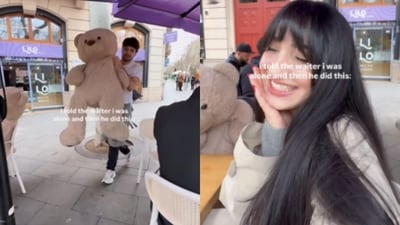 A viral video showed a Seattle woman in Spain receiving a giant teddy bear as a companion while dining alone. (Instagram/cameliakatz) A viral video showed a Seattle woman in Spain receiving a giant teddy bear as a companion while dining alone. (Instagram/cameliakatz)