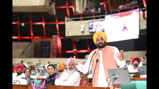 Chief minister Bhagwant Mann addressing the House during the one-day special session on Monday. (Ravi Kumar/HT)