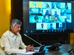 Chief Minister N Chandrababu Naidu interacts with collectors of various districts through video conference during a review meeting on the crop damage caused by unseasonal rains. 