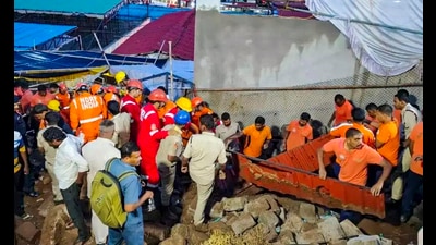 A rescue operation was conducted after the wall collapsed at the Sri Varaha Narasimha Swamy temple in Simhachalam on April 30 (PTI) A rescue operation was conducted after the wall collapsed at the Sri Varaha Narasimha Swamy temple in Simhachalam on April 30 (PTI)