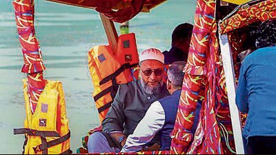 AIMIM chief Asaduddin Owaisi during a visit to the Dal Lake in Srinagar on Tuesday. (PTI)