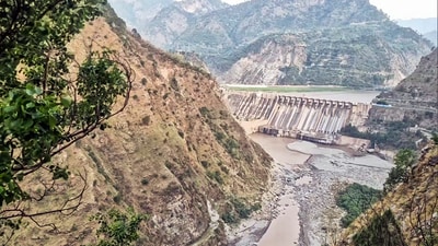 A view of the Salal Dam after its closure led to a significant drop in the water level of Chenab River. (ANI)