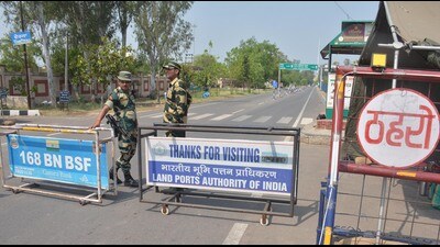 Border Security Force stand guard at Attari-Wagah Integrated Check Post (ICP) in Amritsar. (HT PHOTO) Border Security Force stand guard at Attari-Wagah Integrated Check Post (ICP) in Amritsar. (HT PHOTO)
