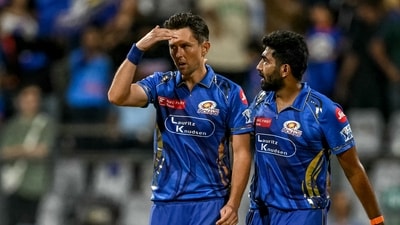 Trent Boult and Jasprit Bumrah stifled GT early on with rain helping their cause as well. GT's score stood at 29/1 at the end of the powerplay, with Boult dismissing Sai Kishore in the second over of the innings. (AFP) Trent Boult and Jasprit Bumrah stifled GT early on with rain helping their cause as well. GT's score stood at 29/1 at the end of the powerplay, with Boult dismissing Sai Kishore in the second over of the innings. (AFP)