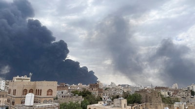 Smoke billows after Israel struck a power station and Sanaa International Airport, in Sanaa, Yemen May 6, 2025. (REUTERS)