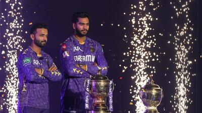 KKR captain Ajinkya Rahane and vice captain Venkatesh Iyer pose with the IPL trophy. (PTI) KKR captain Ajinkya Rahane and vice captain Venkatesh Iyer pose with the IPL trophy. (PTI)