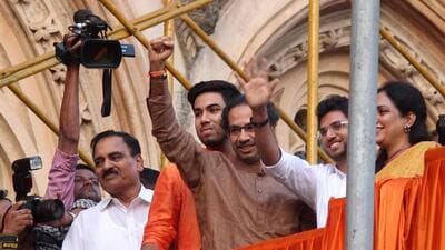 Mumbai, India - March 8, 2017: Shiv Sena Prisident Uddhav Thackeray with his family celebrates at BMC headquarters after Mayor election in Mumbai, India, on Wednesday, March 8, 2017. (Freelance Photo by Satyabrata Tripathy/Hindustan Times) (Satyabrata Tripathy/HT Photo) Mumbai, India - March 8, 2017: Shiv Sena Prisident Uddhav Thackeray with his family celebrates at BMC headquarters after Mayor election in Mumbai, India, on Wednesday, March 8, 2017. (Freelance Photo by Satyabrata Tripathy/Hindustan Times) (Satyabrata Tripathy/HT Photo)