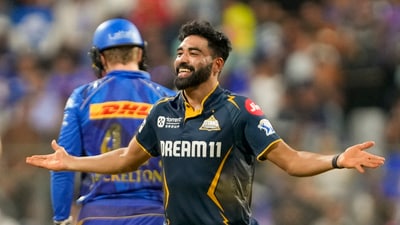 Mohammed Siraj dismissed Ryan Rickelton off just the second ball of the match. Rohit Sharma then fell to Arshad Khan in the fourth over. (PTI) Mohammed Siraj dismissed Ryan Rickelton off just the second ball of the match. Rohit Sharma then fell to Arshad Khan in the fourth over. (PTI)