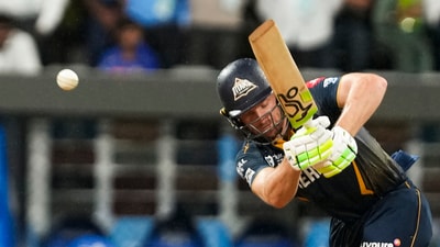 The rains came in right after the powerplay ended, leading to a short break at which point GT were well behind the DLS par score. When it resumed though, Buttler upped the ante and put them ahead. However, the run rate dropped again and Buttler fell in the 12th over. (PTI) The rains came in right after the powerplay ended, leading to a short break at which point GT were well behind the DLS par score. When it resumed though, Buttler upped the ante and put them ahead. However, the run rate dropped again and Buttler fell in the 12th over. (PTI)