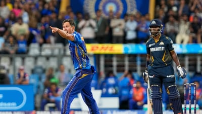 The pendulum swung again after resumption though, with Bumrah dismissing Gill in the first over and then Boult sending back Rutherford in the next. (PTI) The pendulum swung again after resumption though, with Bumrah dismissing Gill in the first over and then Boult sending back Rutherford in the next. (PTI)