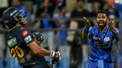 The drama stayed alive right until the last action of the match with GT sealing off the run chase with a single off the last ball. Rahul Tewatia's four off the first ball and Gerald Coetzee's six off the third, couple with a no ball by Deepak Chahar, led to GT needing one run to win off the last two balls. However, Coetzee fell off the second last ball, which brought it down to GT needing one run to win off the last. They just about managed to take a single, with Pandya missing his throw from mid off and no one being present to collect the ball at the non-striker's end. GT thus won the match by three wickets and went back to the top of the table. (AFP) The drama stayed alive right until the last action of the match with GT sealing off the run chase with a single off the last ball. Rahul Tewatia's four off the first ball and Gerald Coetzee's six off the third, couple with a no ball by Deepak Chahar, led to GT needing one run to win off the last two balls. However, Coetzee fell off the second last ball, which brought it down to GT needing one run to win off the last. They just about managed to take a single, with Pandya missing his throw from mid off and no one being present to collect the ball at the non-striker's end. GT thus won the match by three wickets and went back to the top of the table. (AFP)