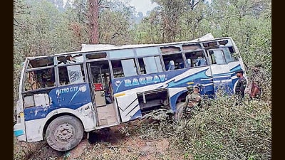 The private bus after the accident at Mendhar in Poonch on Tuesday. (ANI) The private bus after the accident at Mendhar in Poonch on Tuesday. (ANI)