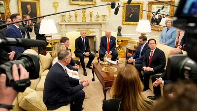 Trump insisted that even if the cars were also built in America, the US did not want to purchase automobiles from Canada. He further maintained that the $63 billion goods trade gap, which he exaggerated to $200 billion, was a subsidy that had to end. (AP) Trump insisted that even if the cars were also built in America, the US did not want to purchase automobiles from Canada. He further maintained that the $63 billion goods trade gap, which he exaggerated to $200 billion, was a subsidy that had to end. (AP)