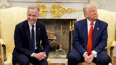 Canadian Prime Minister Mark Carney and US President Donald Trump engage in a meeting at the White House in Washington, DC, on Tuesday, May 6, 2025. (AP)