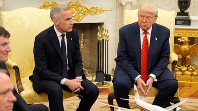 Canadian Prime Minister Mark Carney and US President Donald Trump engaged in a meeting at the White House in Washington. (AP) Canadian Prime Minister Mark Carney and US President Donald Trump engaged in a meeting at the White House in Washington. (AP)