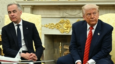 Canadian Prime Minister Mark Carney and US President Donald Trump squared off in the Oval Office on Tuesday, and neither leader indicated that they would back down from their stark disagreements in a trade battle that has destroyed decades of mutual trust between the two nations.(Photo by Jim WATSON / AFP) (AFP) Canadian Prime Minister Mark Carney and US President Donald Trump squared off in the Oval Office on Tuesday, and neither leader indicated that they would back down from their stark disagreements in a trade battle that has destroyed decades of mutual trust between the two nations.(Photo by Jim WATSON / AFP) (AFP)