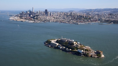 A view from a helicopter of Alcatraz Prison, a National Parks site located on Alcatraz Island in San Francisco Bay in San Francisco, California, U.S. May 5, 2025. (REUTERS)
