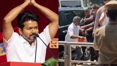 A video of Vijay's security holding back a fan from meeting him is doing rounds online. (PTI/X) A video of Vijay's security holding back a fan from meeting him is doing rounds online. (PTI/X)