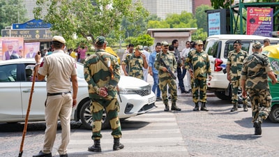 Security personnel were deployed at Connaught Place, a day before the nationwide mock drills ordered by the Ministry of Home Affairs. (PTI)