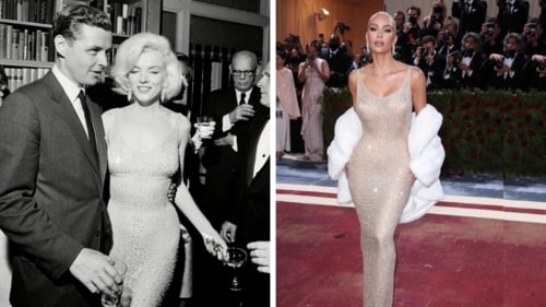 Kim Kardashian (R) at the 2022 Met Gala, wearing Marylin Monroe's iconic 1962 dress, Kim Kardashian (R) at the 2022 Met Gala, wearing Marylin Monroe's iconic 1962 dress,