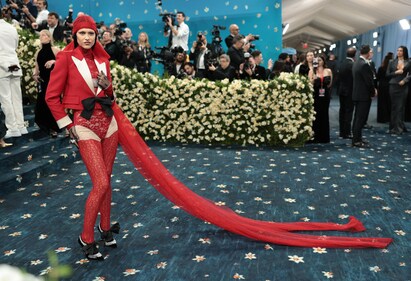 Amelia Gray poses during the Met Gala, an annual fundraising gala held for the benefit of the Metropolitan Museum of Art's Costume Institute with this year's theme 'Superfine: Tailoring Black Style,' in New York City, New York, U.S., May 5, 2025. REUTERS/Mario Anzuoni (REUTERS)