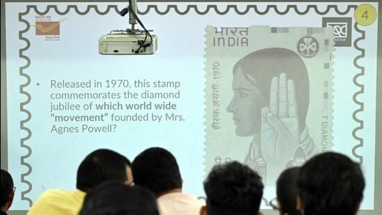 Stamp lovers participate in a Philately face-off quiz at the National Philatelic Museum in New Delhi. (Hindustan Times | Arvind Yadav)